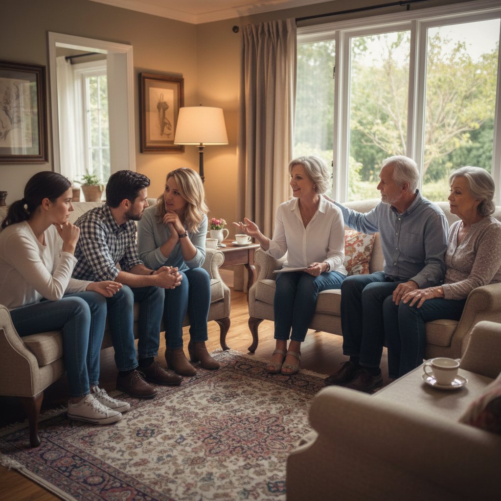 Multigenerational couples sharing relationship communication experiences, group therapy, different ages