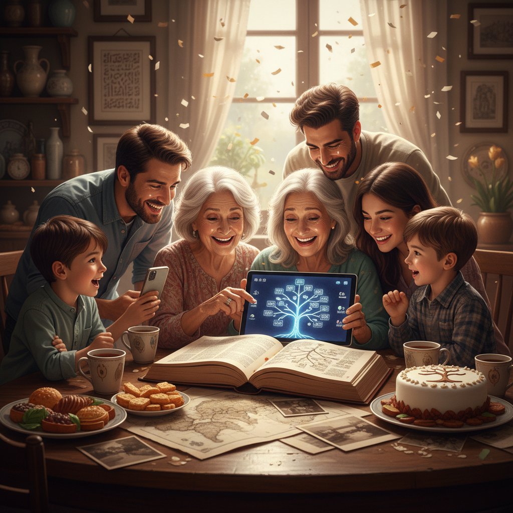 Wielopokoleniowa rodzina świętująca odkrycie wspólnych korzeni – pozytywna strona genealogii