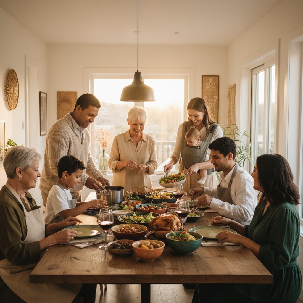 Rodzina wielopokoleniowa podczas wspólnej kolacji, różnorodność ról i ekspresji płciowej