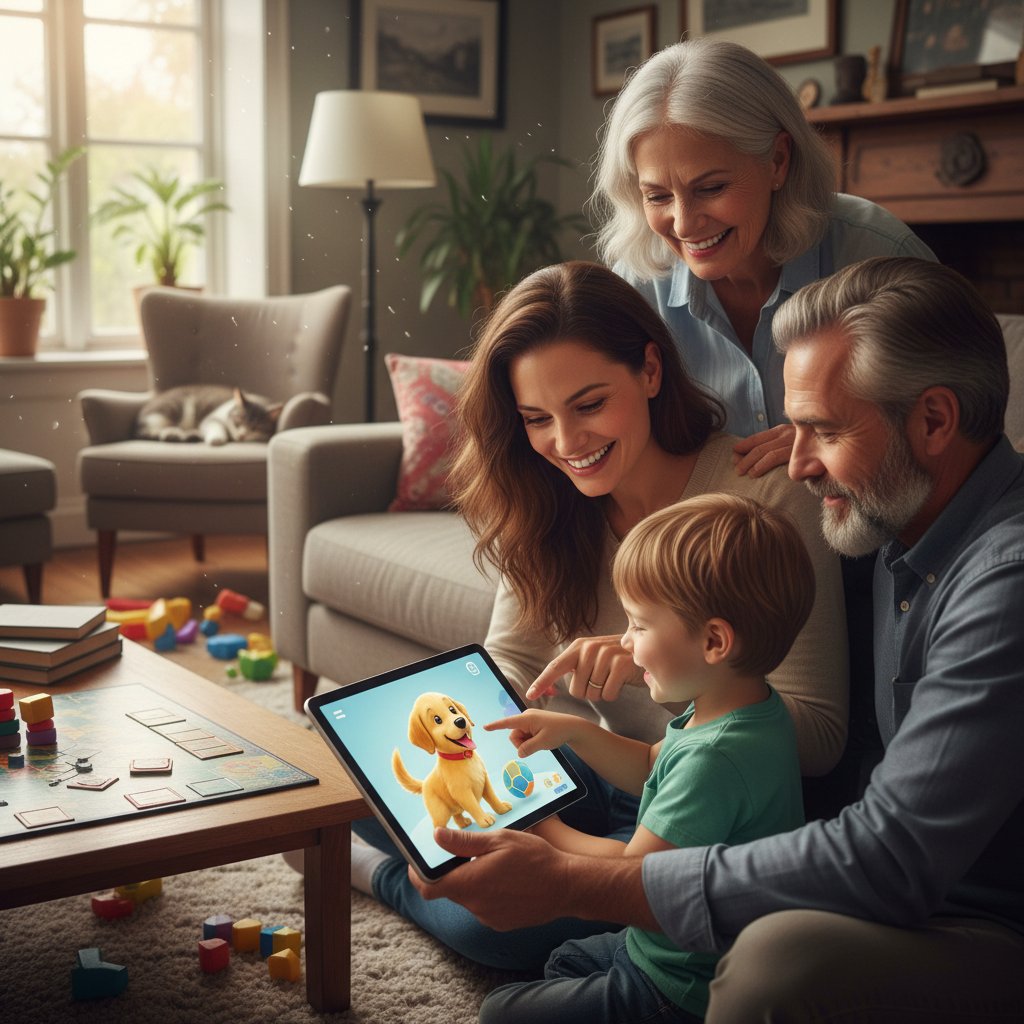 Wielopokoleniowa polska rodzina używająca tabletu z aplikacją do nauki opieki nad psem w przytulnym salonie