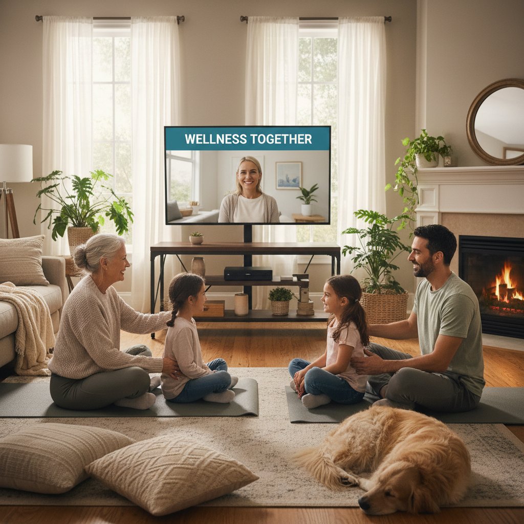 Rodzina różnych pokoleń ćwicząca razem z trenerem online na ekranie