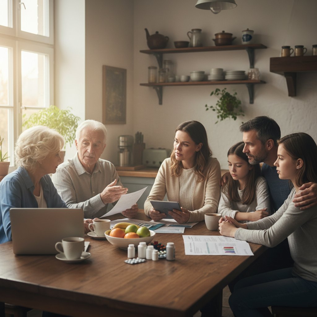 Rodzina rozmawiająca o decyzjach zdrowotnych i zgodzie na leczenie