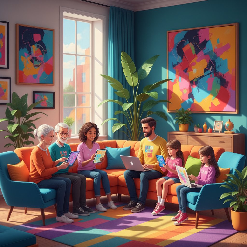 Grupa osób z różnych pokoleń rozmawia online w żywych kolorach