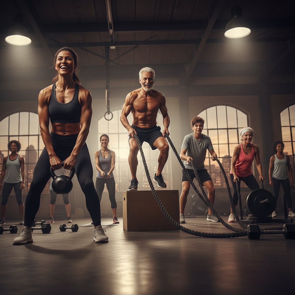 Grupa ludzi w różnym wieku ćwiczących razem w nowoczesnej siłowni, dynamiczne pozy, wyraziste twarze, słowa kluczowe: trening fitness dostosowany do wieku, różne pokolenia