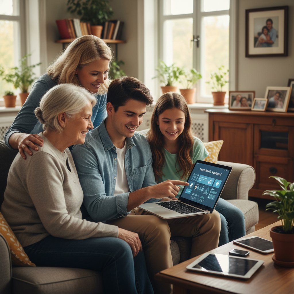 Grupa ludzi różnych pokoleń siedząca przy laptopach w domowych wnętrzach – wizualizacja różnorodności pacjentów psychiatrii online