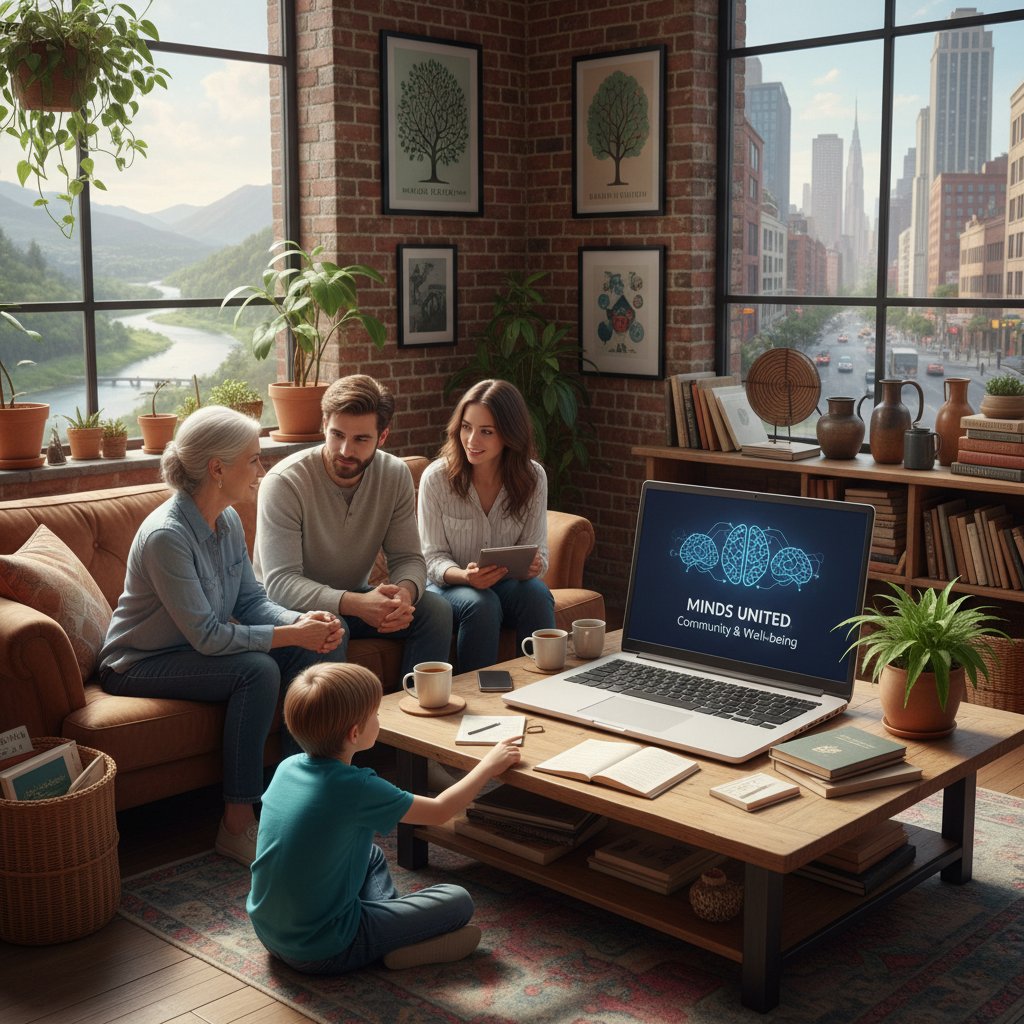 Grupa różnych osób korzystających z laptopa podczas sesji psychologicznej online