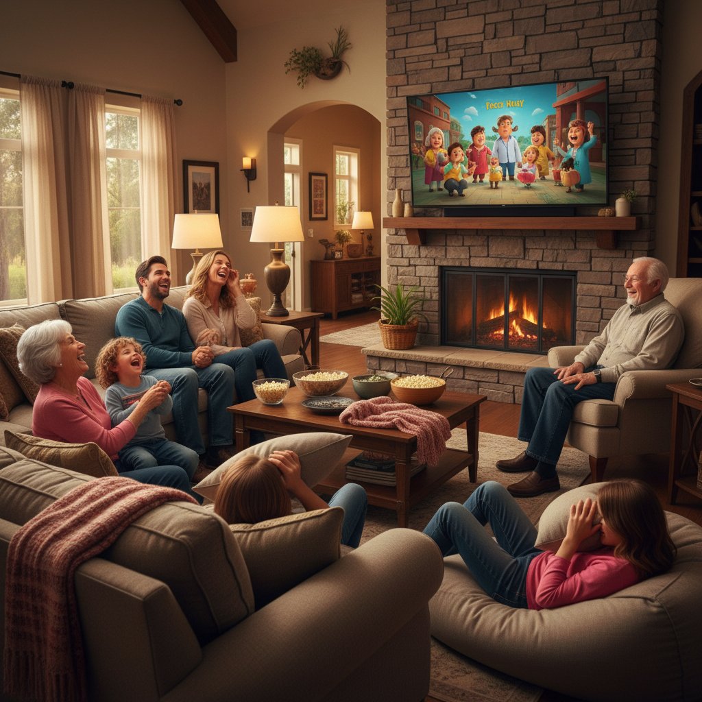 Multigenerational group in a cozy living room, laughing together while watching a comedy movie, reflecting cross-generational appeal