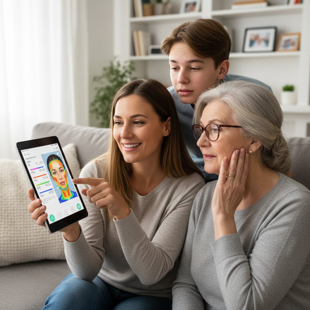 Grupa młodych dorosłych i seniorów korzystająca wspólnie z aplikacji do analizy skóry, atmosfera nauki i współpracy