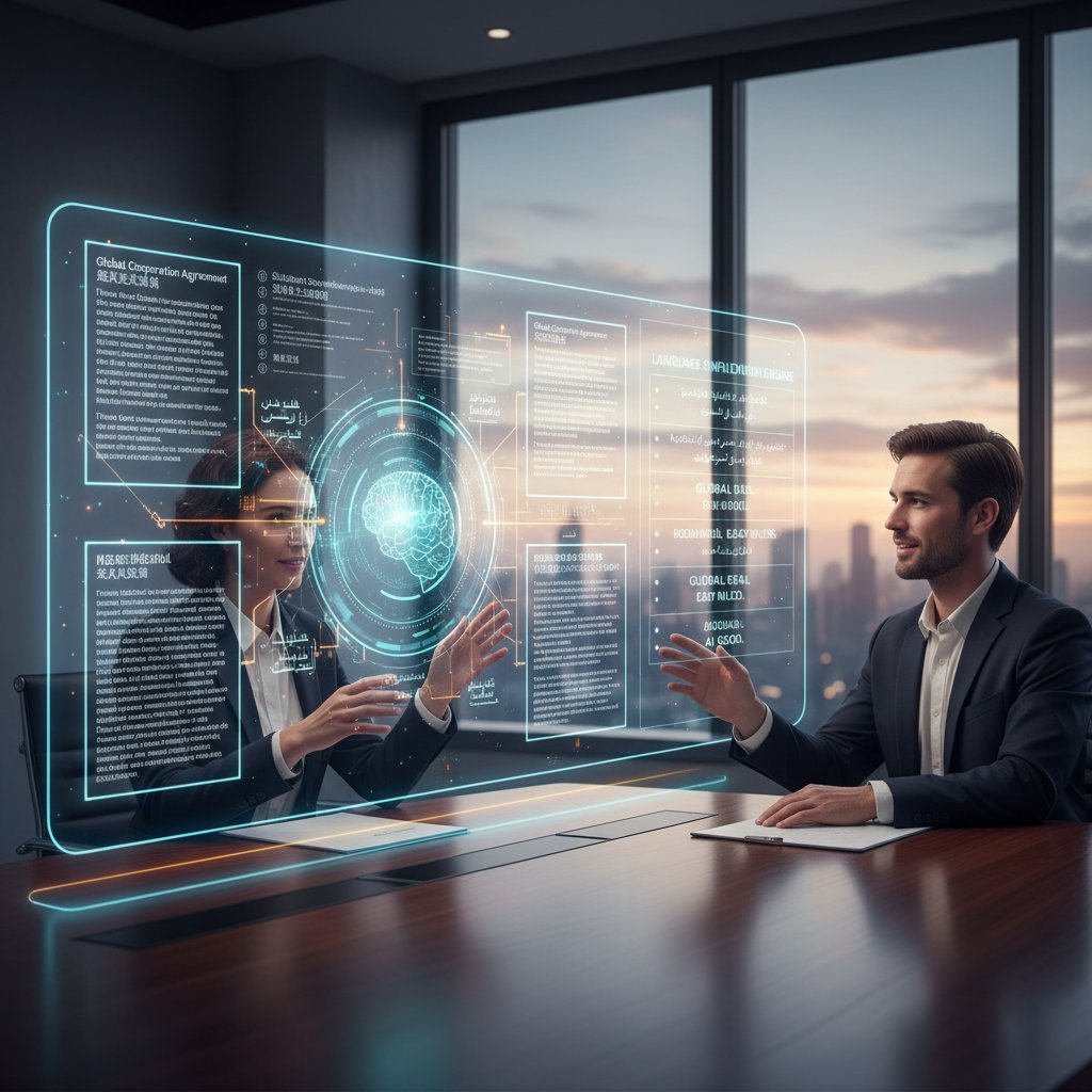 Collage of multilingual documents and AI interfaces, visually representing language diversity and the global reach of text simplification tools.