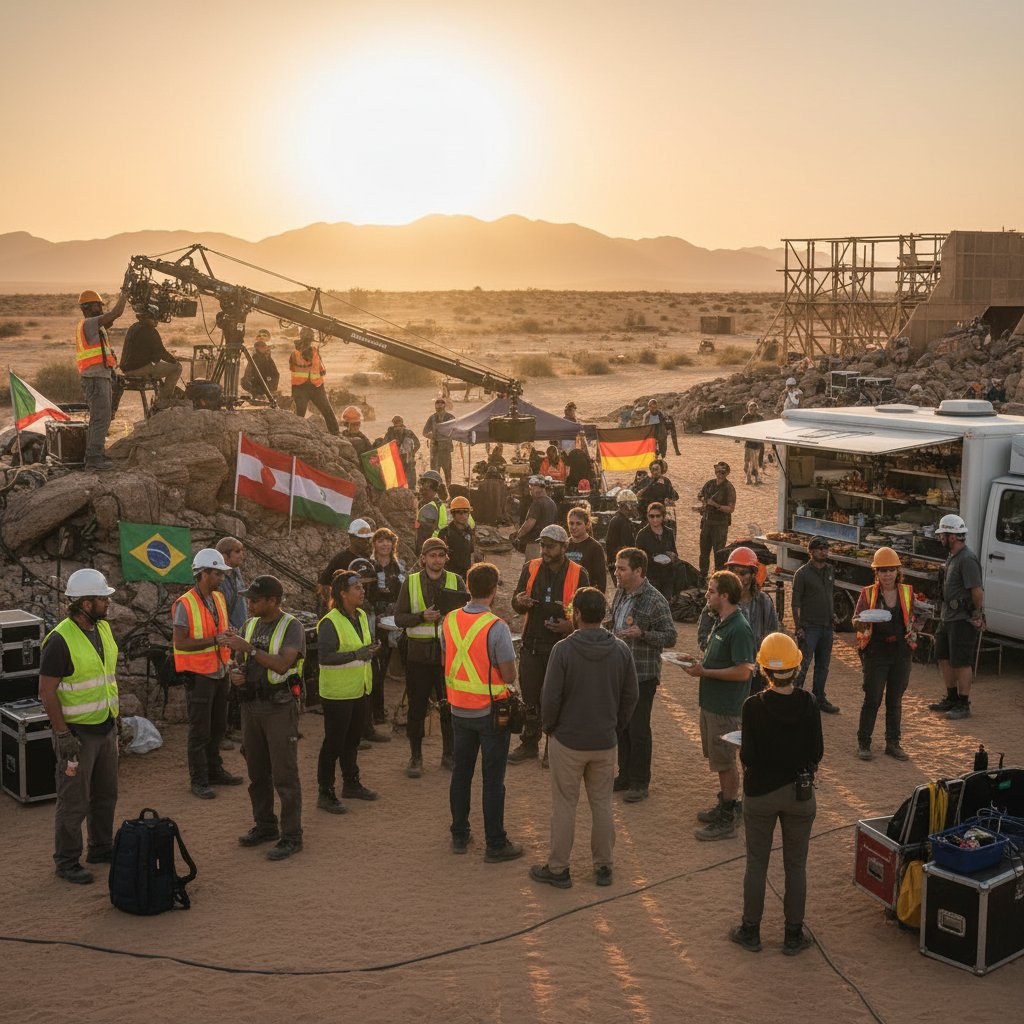 Multinational film crew on location, collaborating outdoors to highlight diversity in film production