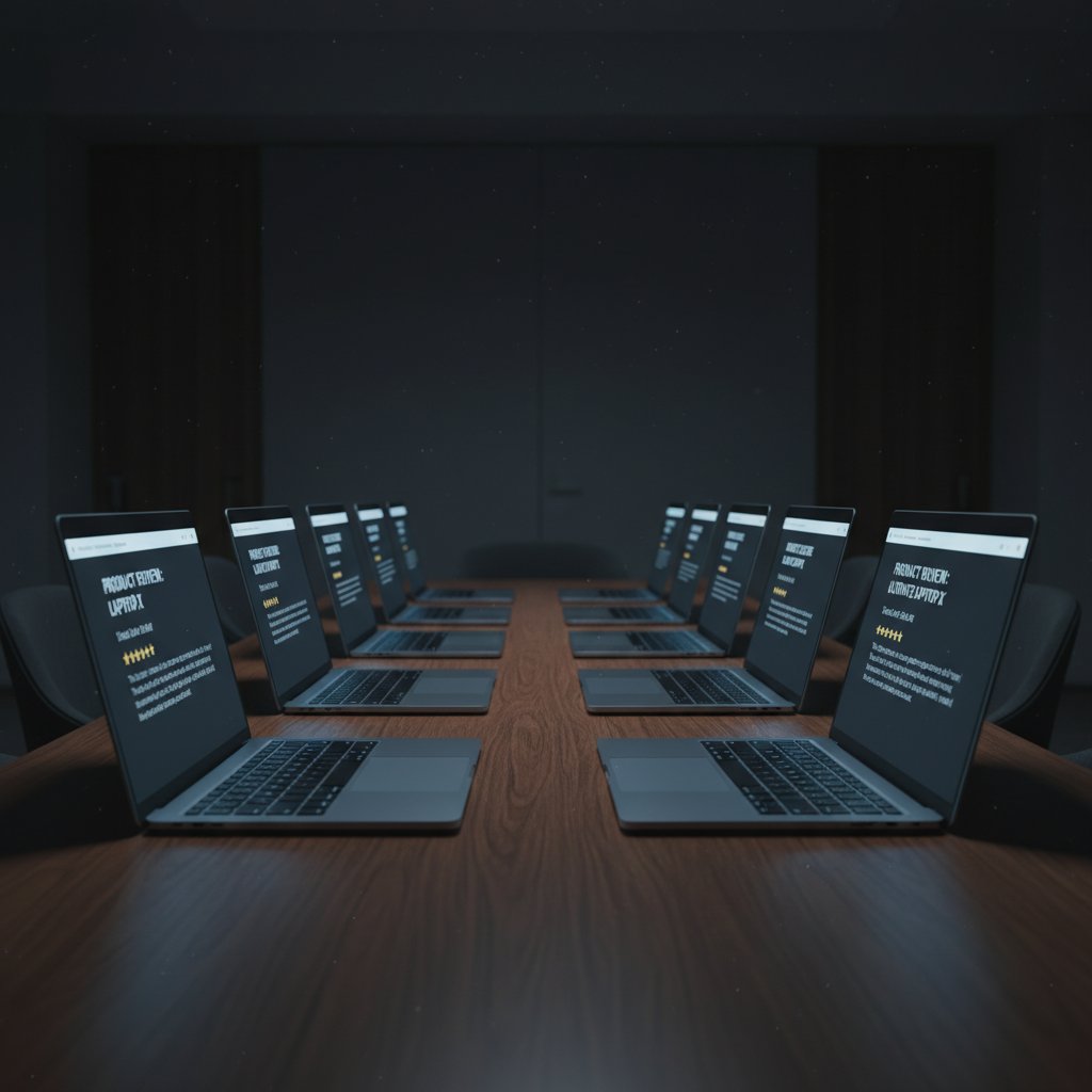 Kilka laptopów z identycznymi opiniami – symbol fałszywych recenzji w internecie