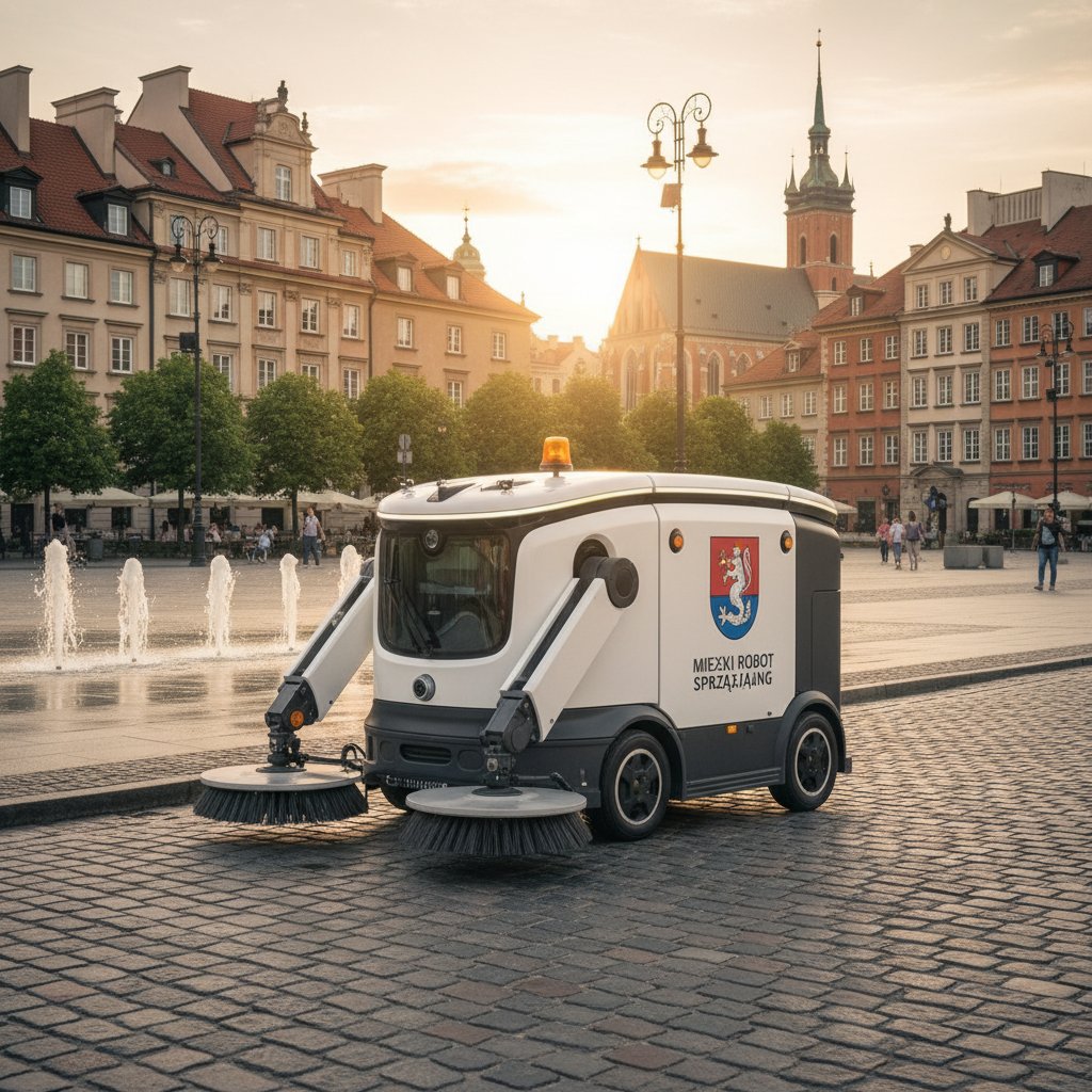 Robot komunalny sprzątający ulicę w polskim mieście, nowoczesna przestrzeń publiczna