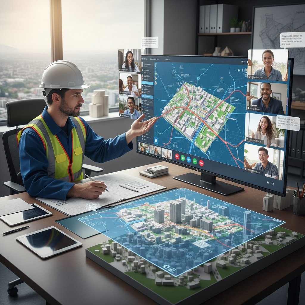 Pracownik urzędu miejskiego prowadzący konsultacje online z mieszkańcami na tle mapy cyfrowej