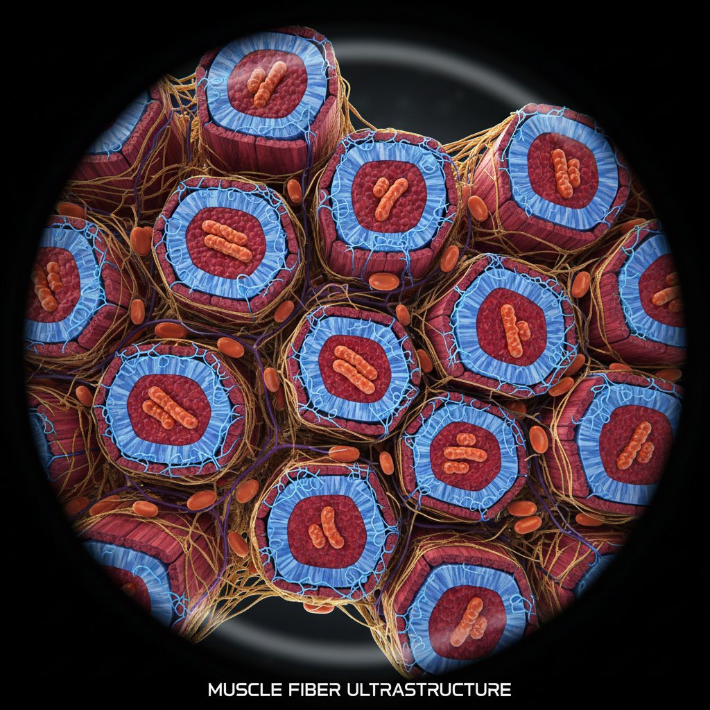Mięśnie pod mikroskopem w czasie regeneracji, szczegółowe włókna mięśniowe, regeneracja po treningu