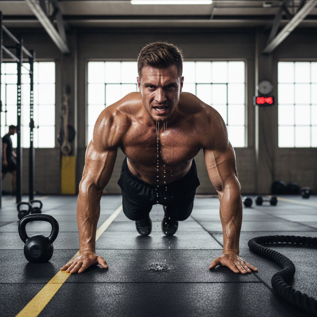 Zbliżenie na mięśnie i pot kapiący z czoła podczas dynamicznego treningu obwodowego