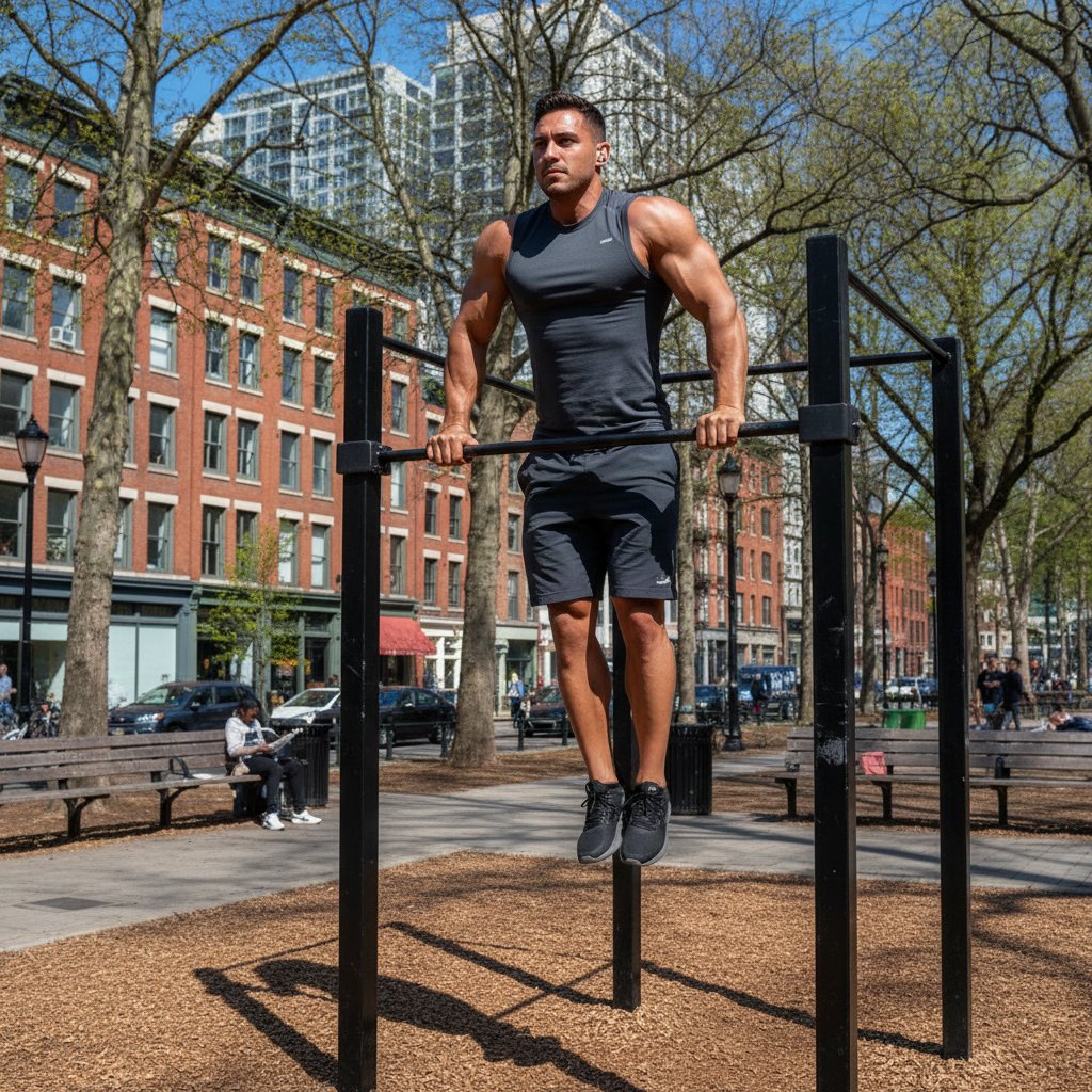 Zdjęcie umięśnionego mężczyzny wykonującego muscle-up na placu street workoutu