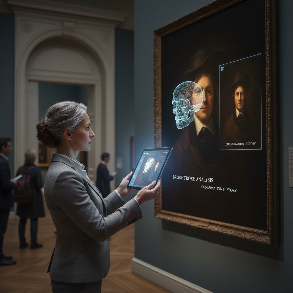 Kurator muzealny testujący aplikację AR podczas prezentacji sztuki dawnej online