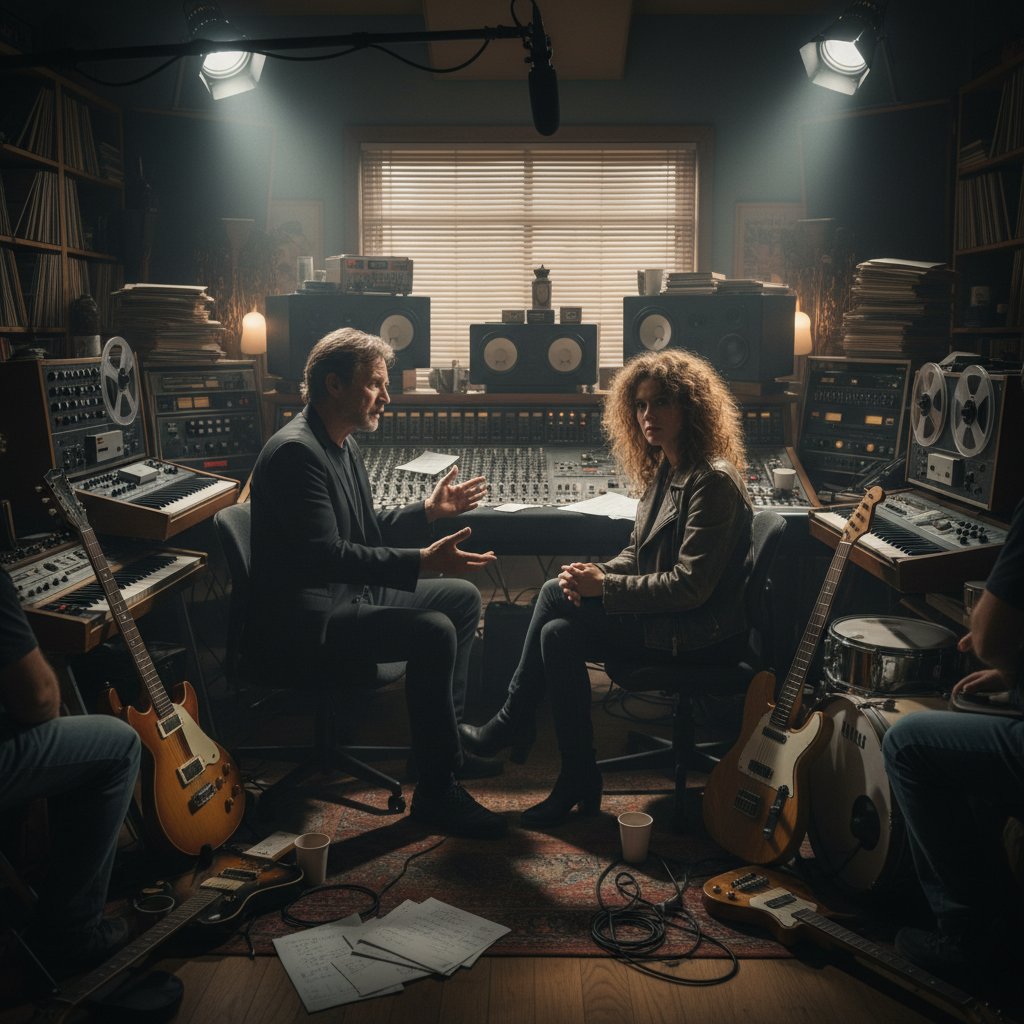 Director interviewing legendary musician in a cluttered studio for a music documentary