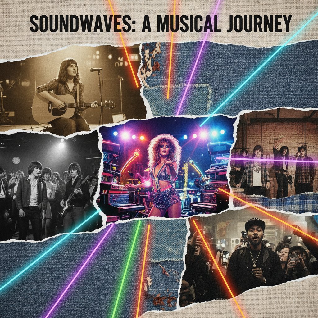 Collage of music documentary film stills from different decades, vibrant and textured