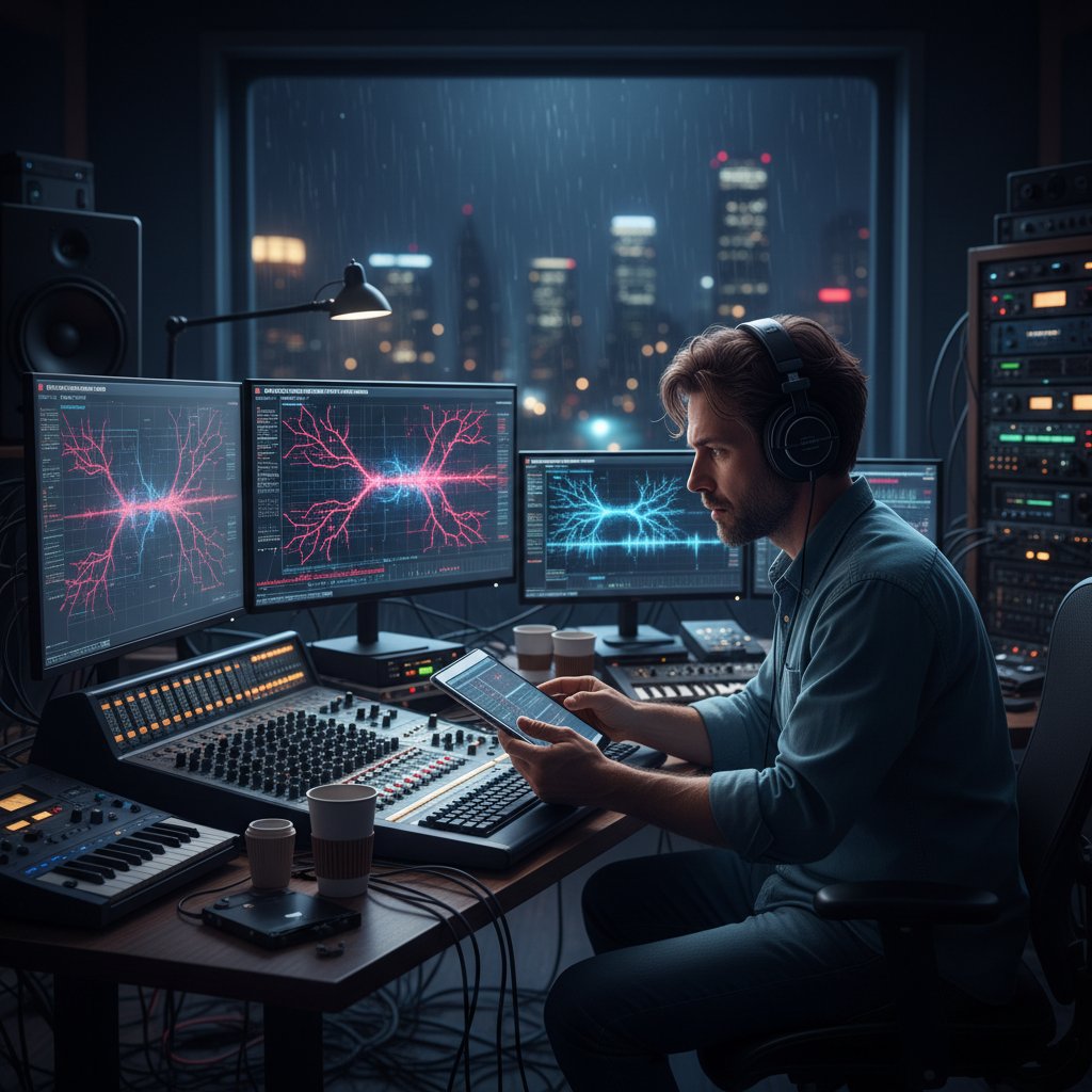 Inżynier muzyczny analizujący błędy AI w studio