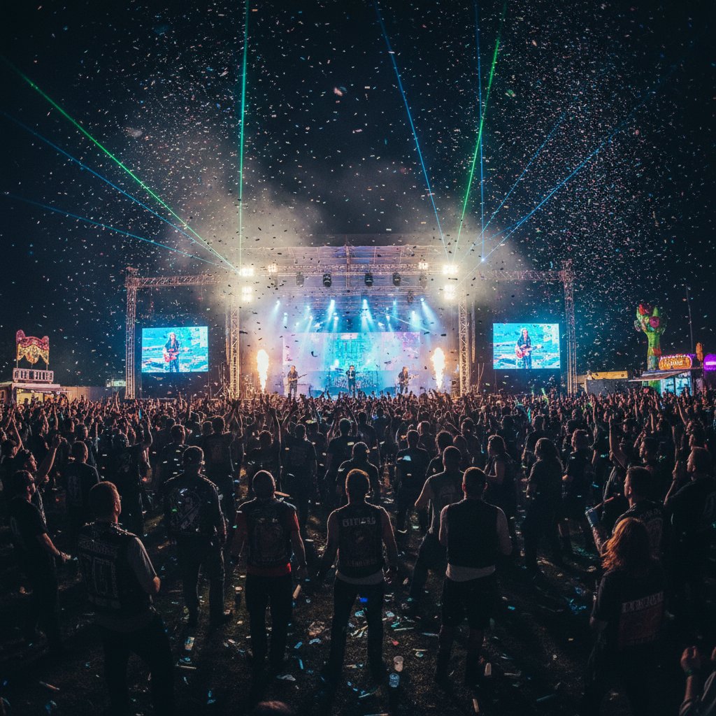 Tłum na alternatywnym festiwalu muzycznym, nocna scena, dynamiczna energia wydarzenia