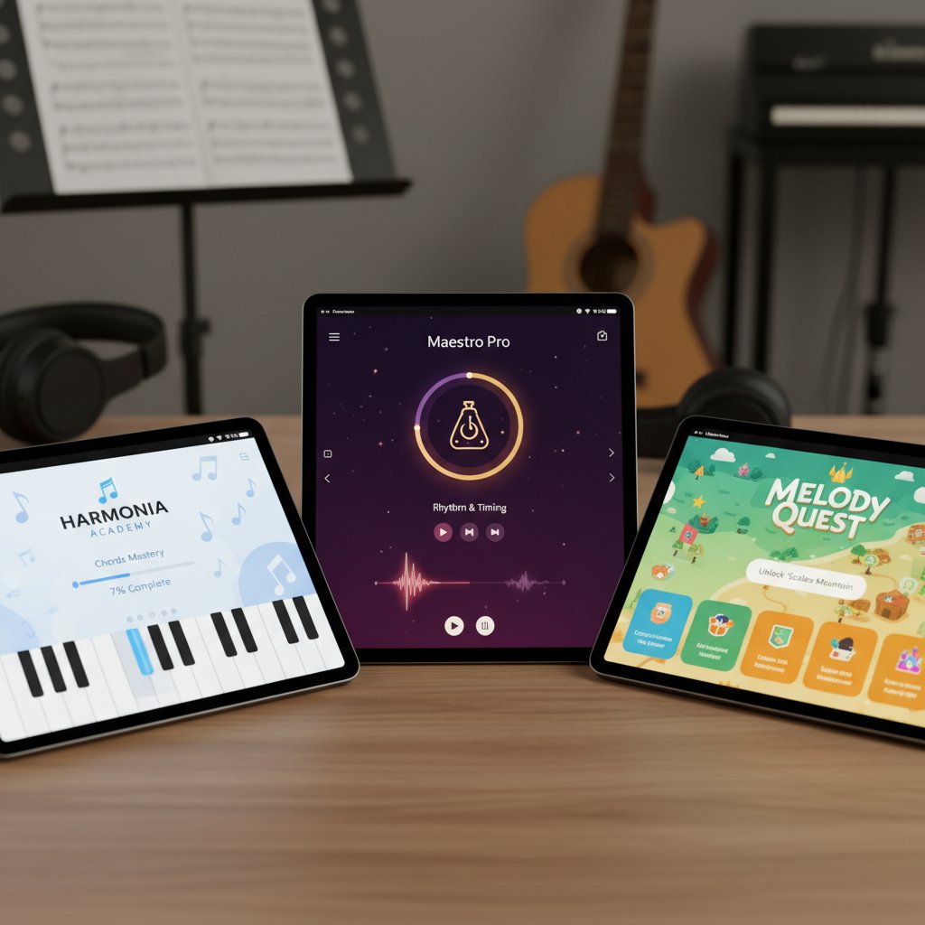 Różne aplikacje i platformy do nauki fletu online – ekrany z muzycznymi interfejsami