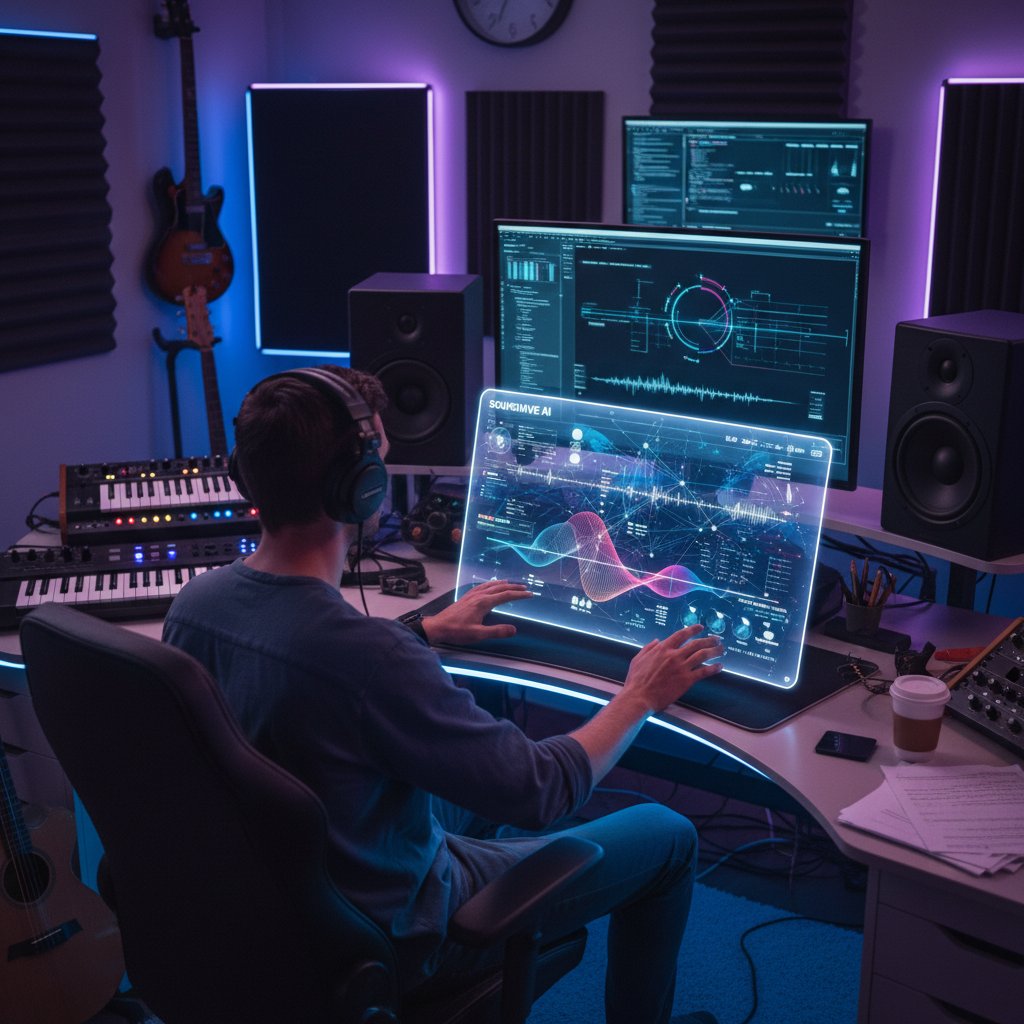 Producent muzyczny korzystający z AI w procesie nagrywania w domowym studio