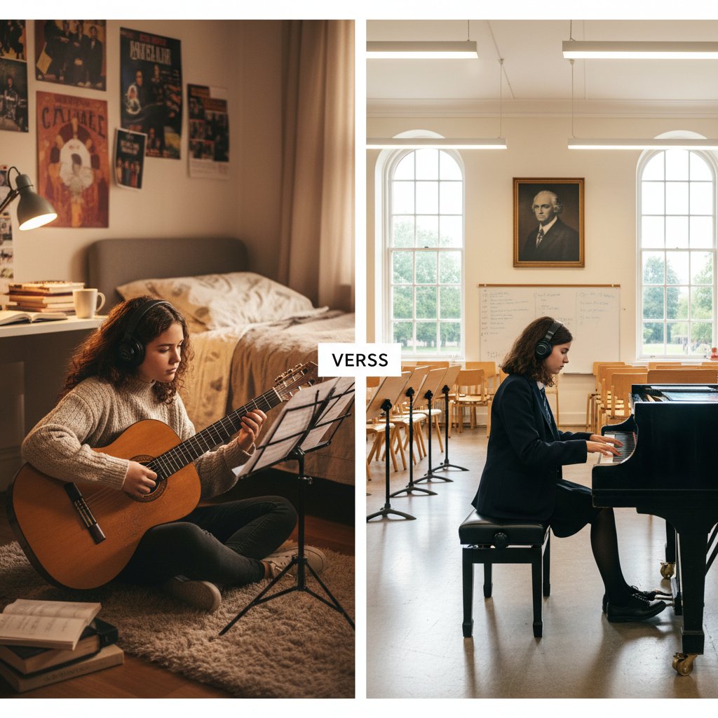 Montaż zdjęć: uczniowie ćwiczący na instrumentach w domu (online) i w klasie (offline), kontrast warunków