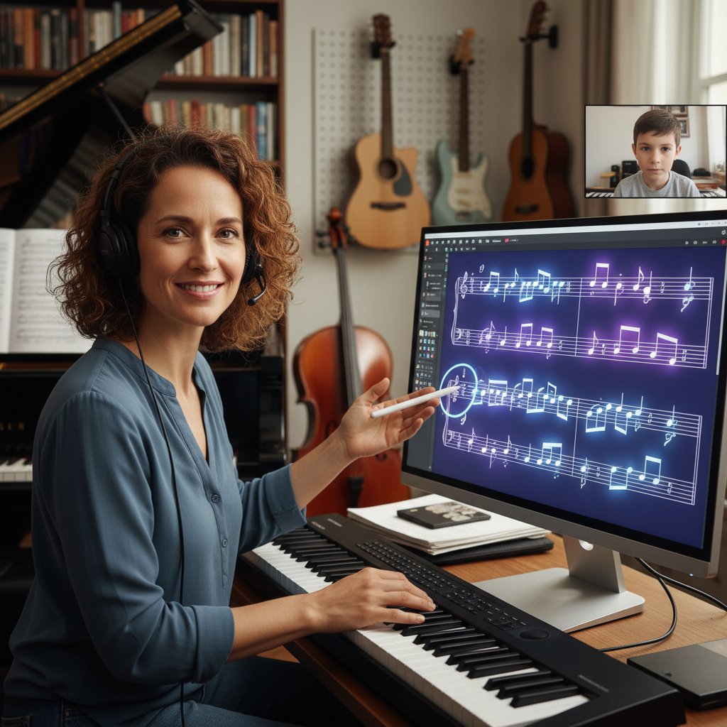 Korepetytor analizujący nuty online, widok ekranu komputera z cyfrową partyturą, atmosfera koncentracji