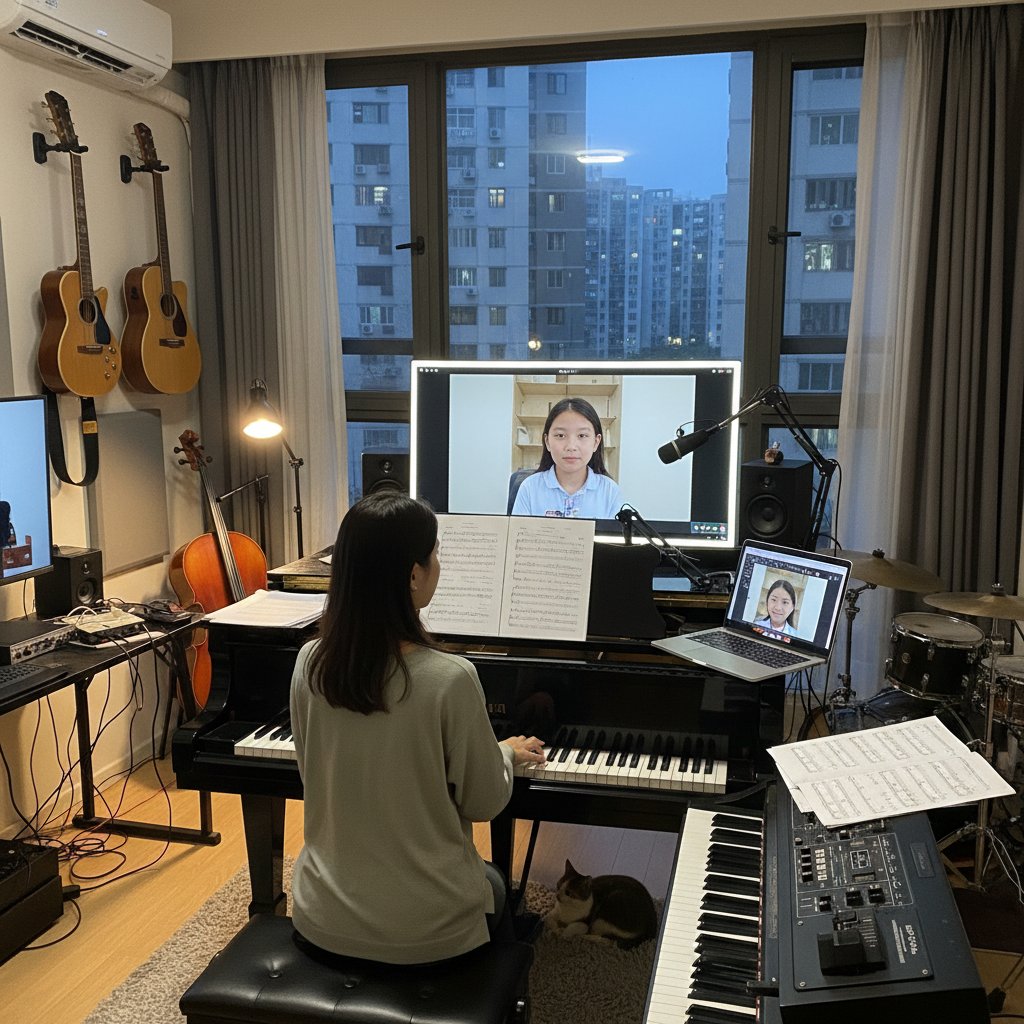 Nauczyciel muzyki online prowadzący lekcję przez komputer w domowym studiu, nuty na ekranie