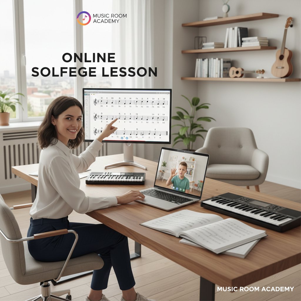 Młody nauczyciel muzyki prowadzi lekcję solfeżu online przez laptopa z nutami