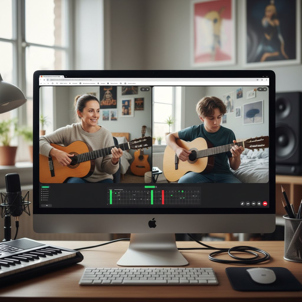 Nauczyciel muzyki prowadzący lekcję online przez komputer, uczeń z gitarą, atmosfera skupienia, kluczowe słowa: korepetytor muzyczny online, nauka akordów