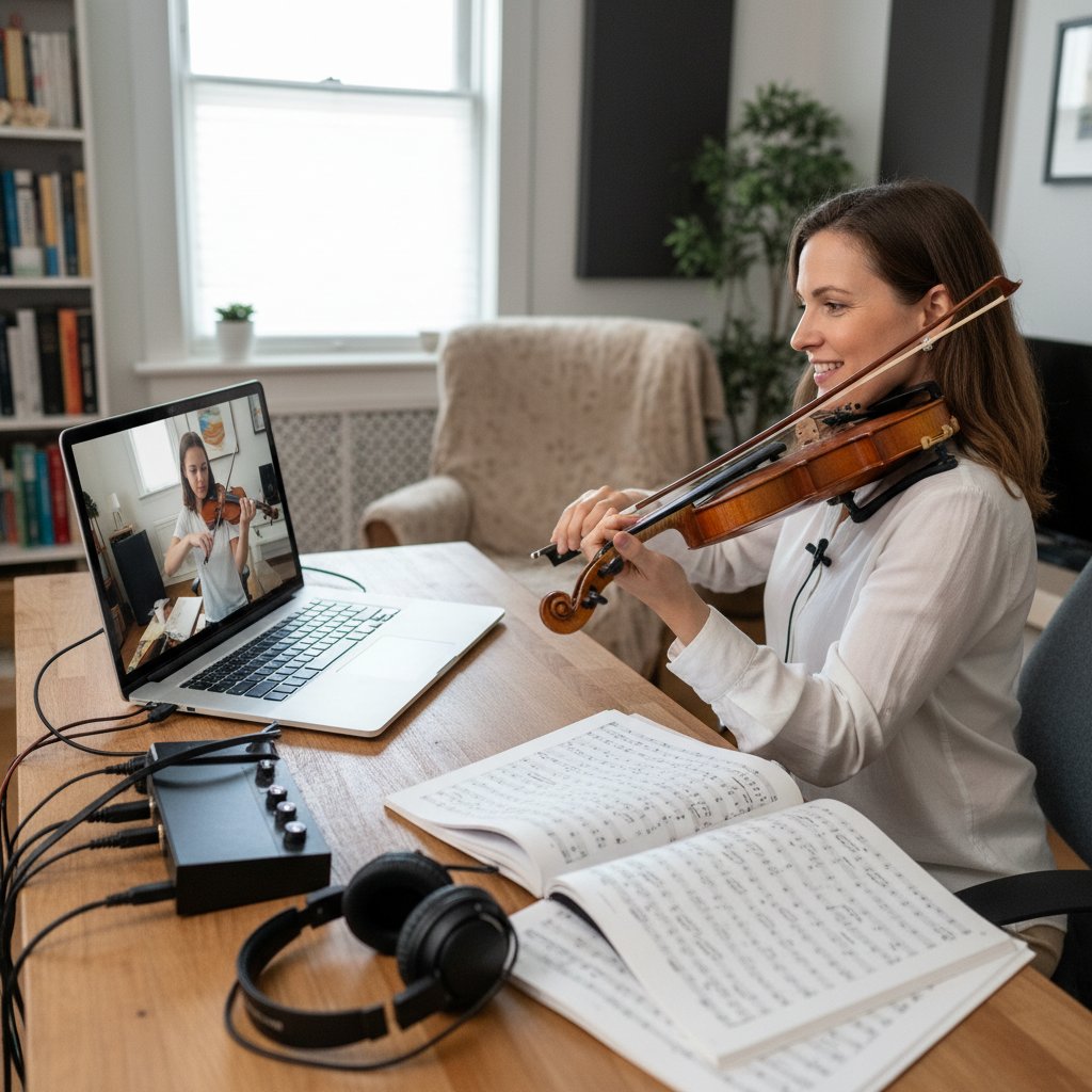 Nauczyciel muzyki prowadzący zajęcia online z domu, laptop, skrzypce, nuty