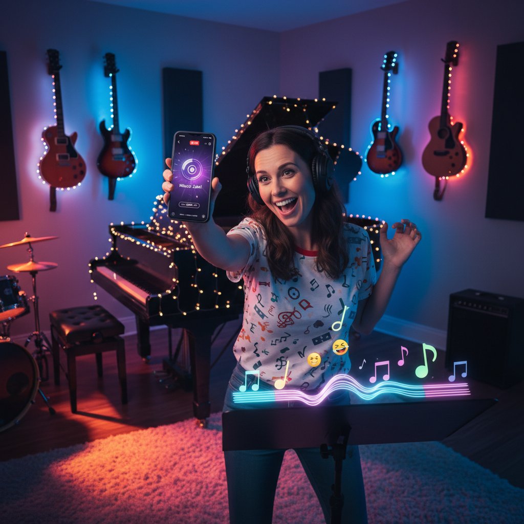 Młoda nauczycielka nagrywająca edukacyjnego TikToka o historii muzyki, smartfon, kolorowe światła