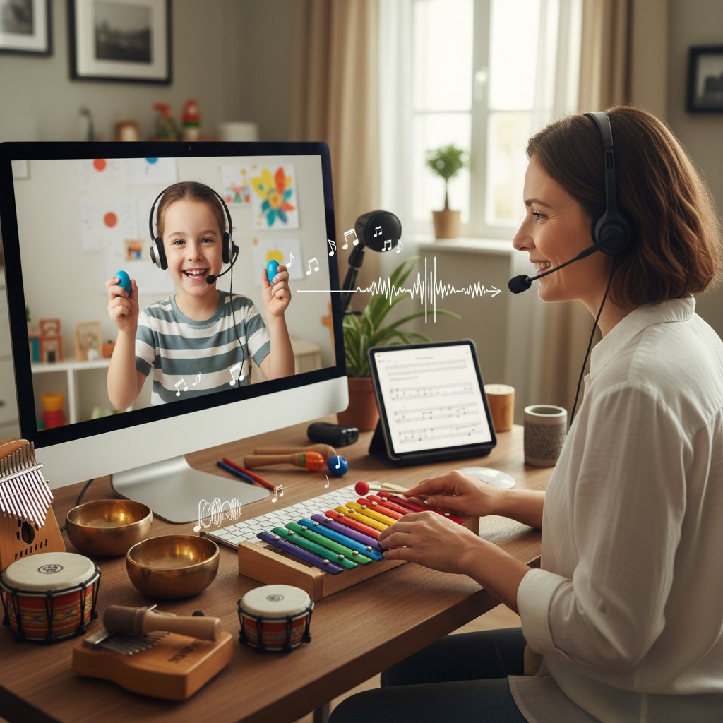 Zdjęcie terapeuty prowadzącego zajęcia muzyczne przez komputer z dzieckiem – muzykoterapia, instrumentoznawstwo online