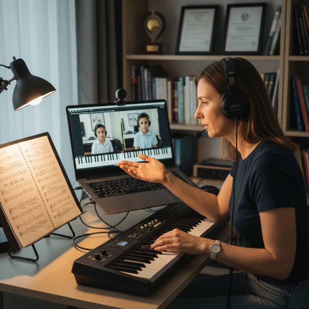 Nauczyciel muzyki siedzący przy laptopie, prowadzący lekcję online z uczniem