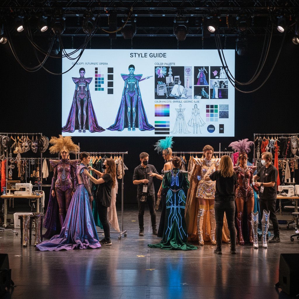 A music video set with stylists and performers referencing a style guide for costumes and props