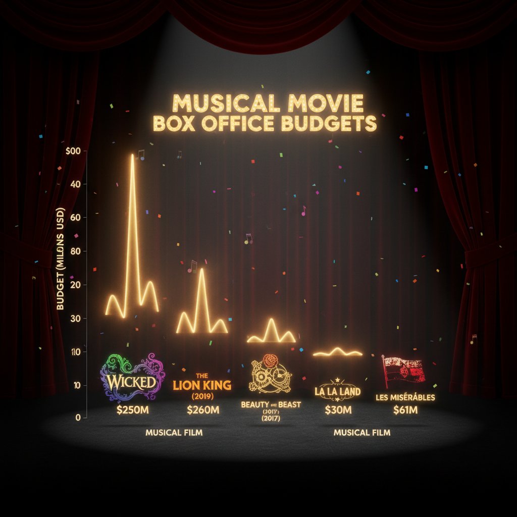 Bar chart comparing budgets and box office returns for major musical movies, visualizing economic volatility.