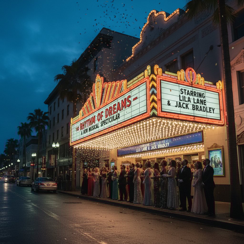 A glowing marquee invites viewers into the world of musical movies, symbolizing enduring appeal.