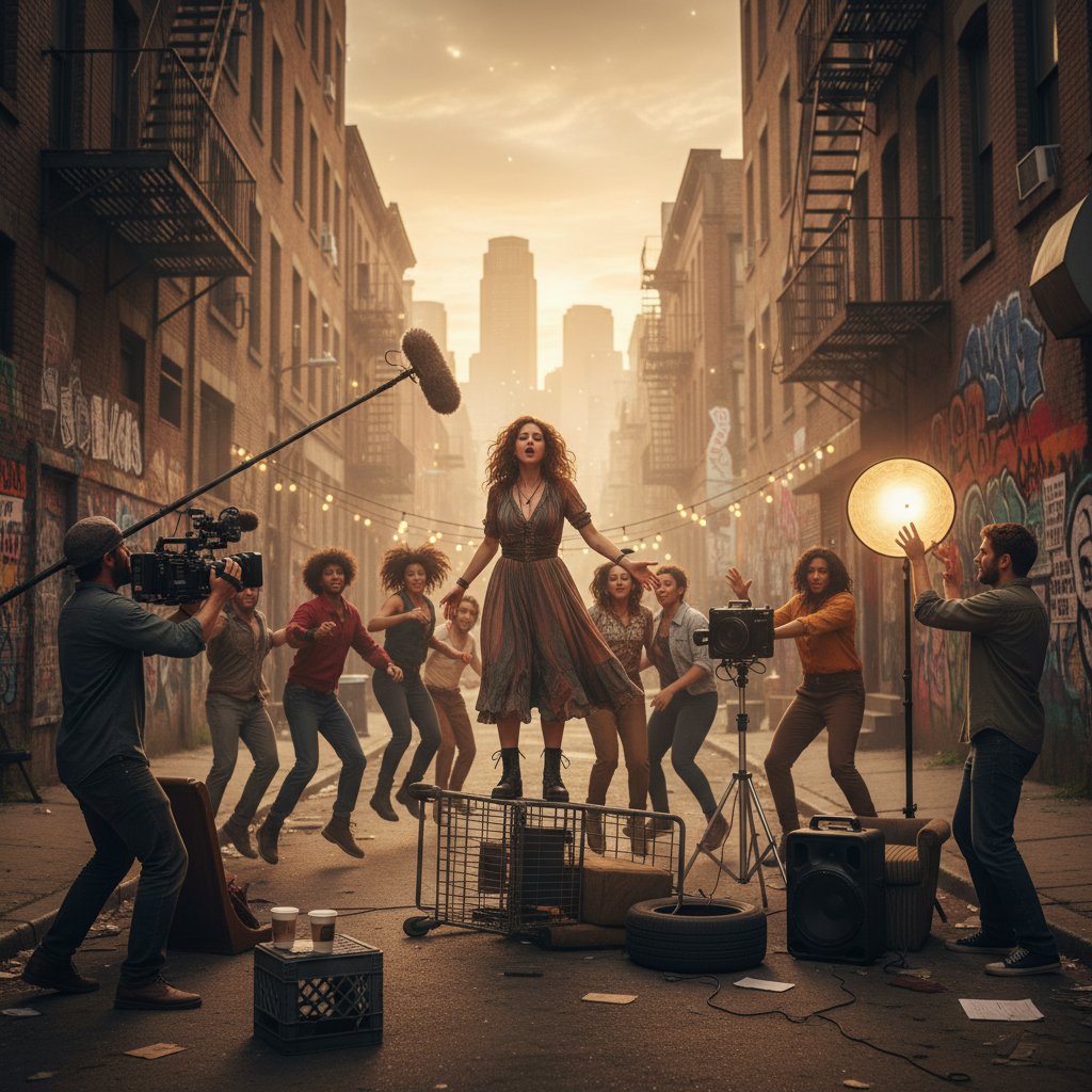 Indie filmmakers shoot a low-budget musical scene in an urban setting, illustrating the democratization of the genre.