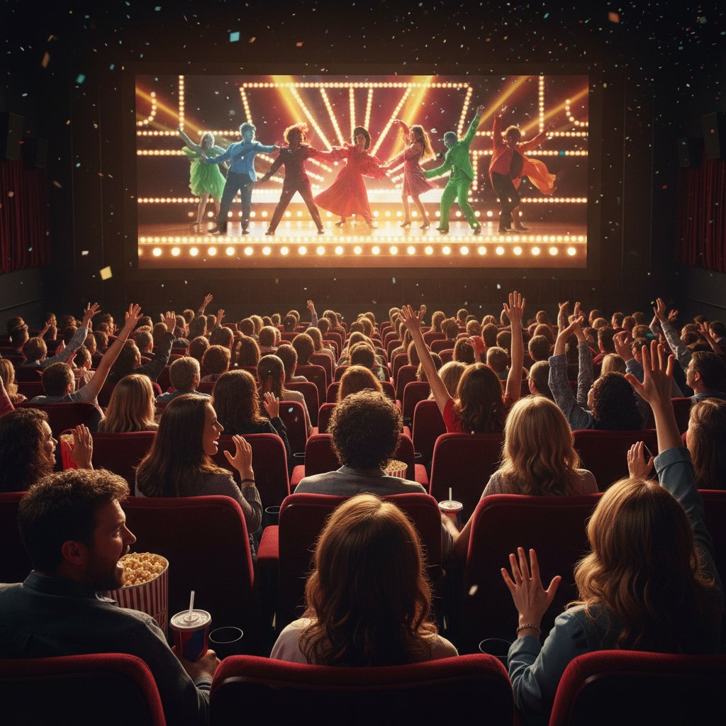 Diverse audience visibly moved during a live musical movie screening, capturing authentic emotional reactions.