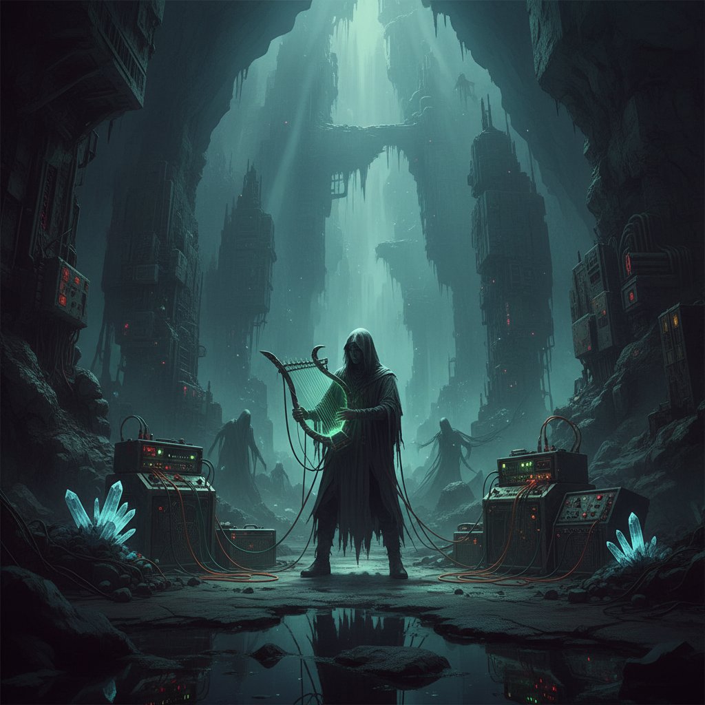 Musician creating eerie soundscape for underground city movie, surrounded by unconventional instruments and moody lighting