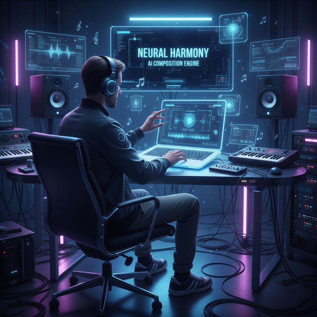 Muzyk korzystający z laptopa i AI do generowania muzyki cyfrowej w nowoczesnym studio