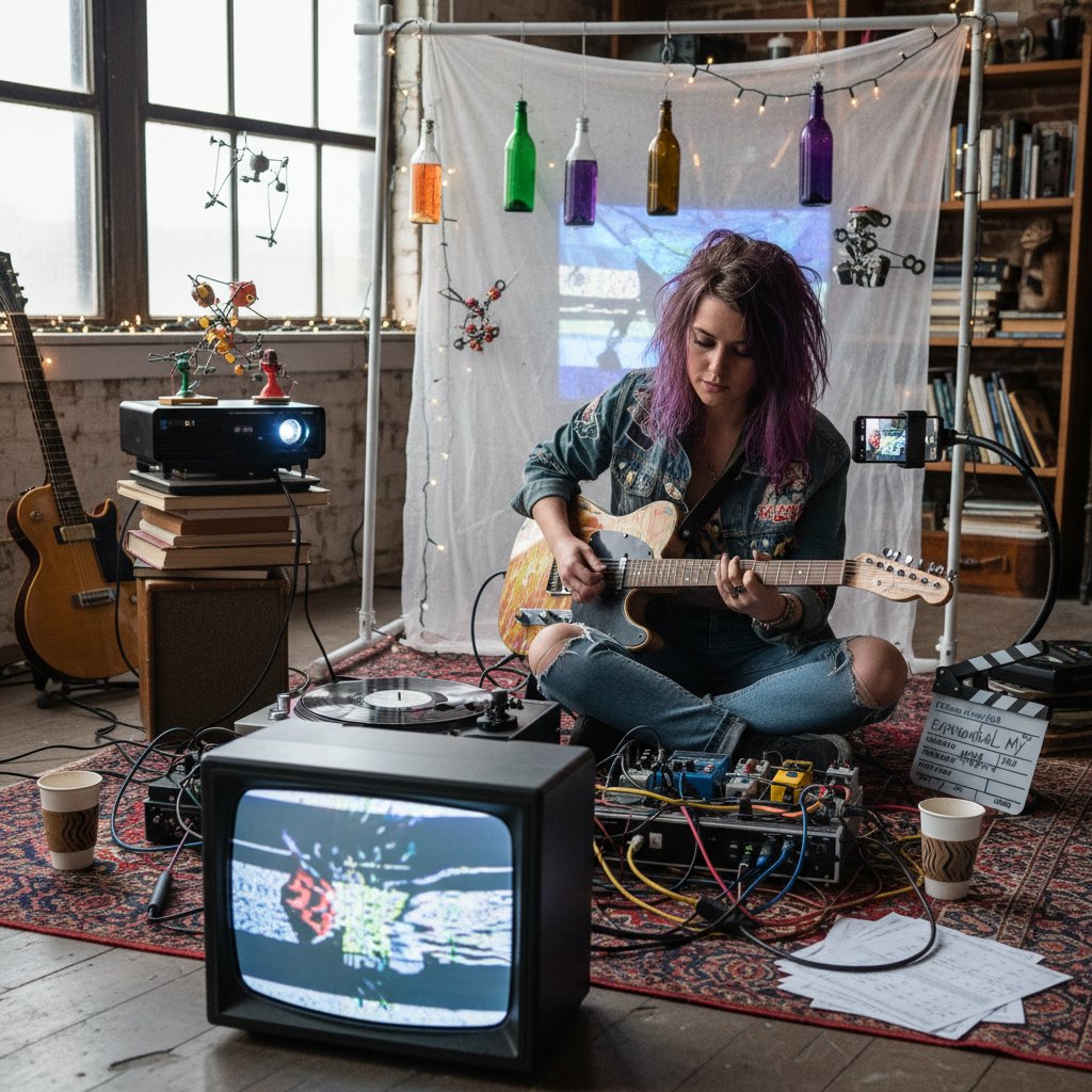 Musician and filmmaker creating experimental music video, blurring genres
