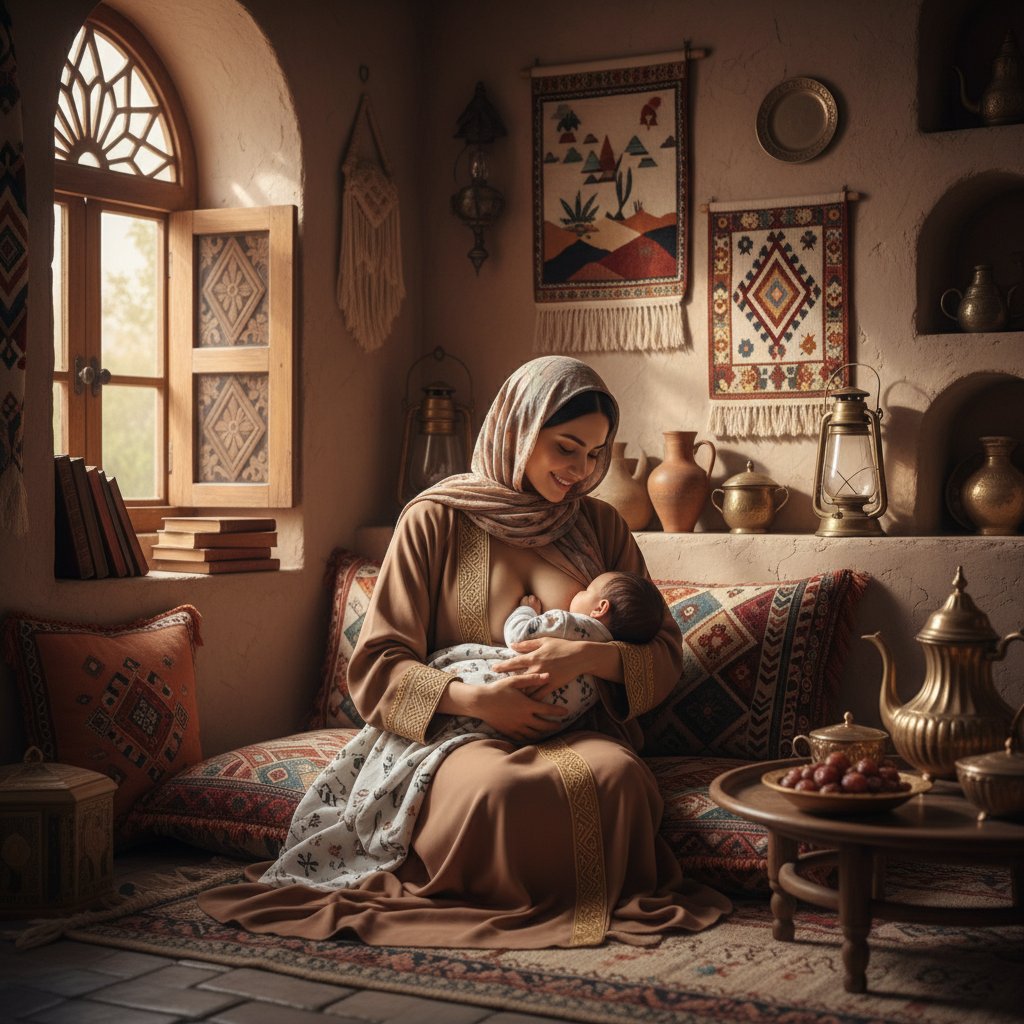 Matka karmiąca w kulturze muzułmańskiej – tradycyjny strój, domowa scena