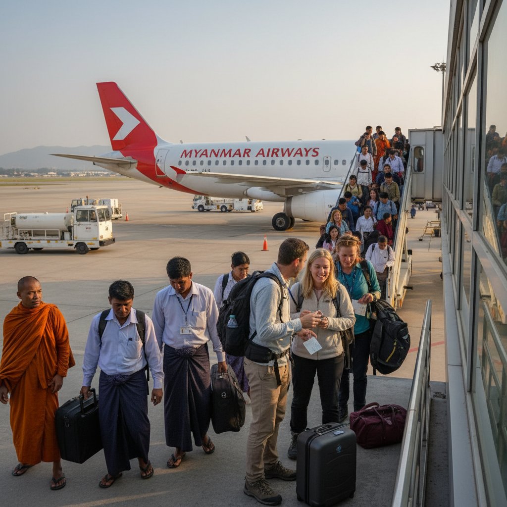 Candid photo of diverse passengers boarding Myanmar Airways flight at Mandalay airport