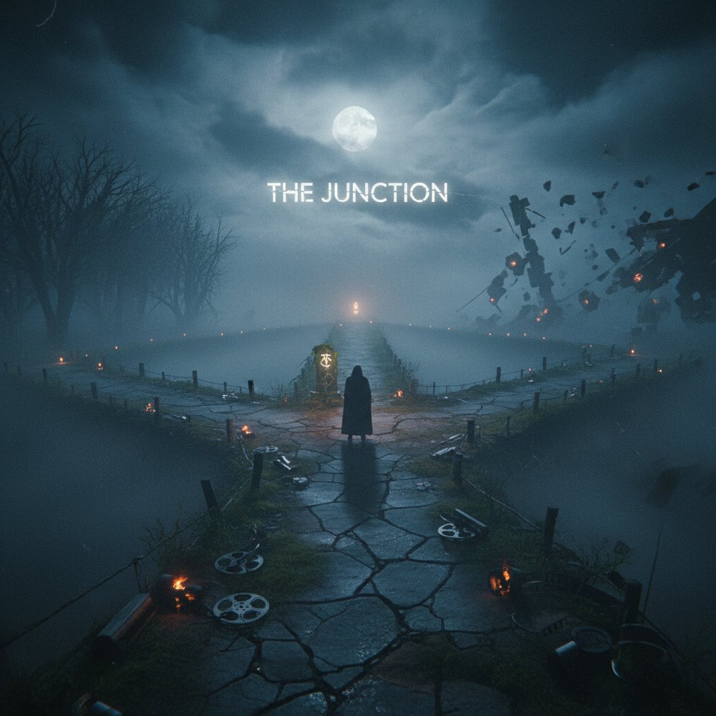 A mysterious crossroads at night, symbolizing choices and uncertainty in movie purgatory movies and streaming indecision