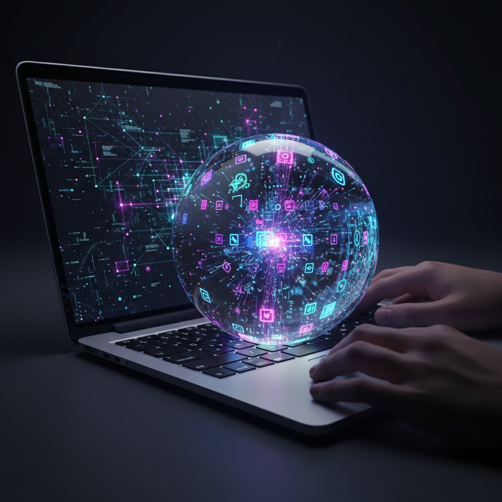 Symbolbild für digitalen Hellseher: Moderne Frau blickt auf Laptop mit Kristallkugel und digitalen Icons