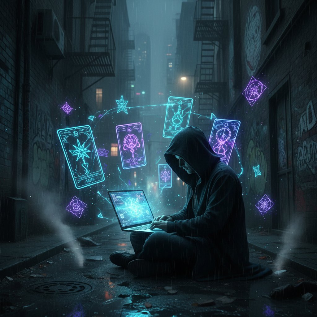 Junge Person blickt in den Bildschirm eines Laptops mit leuchtenden mystischen Symbolen und digitalem Tarot, urbaner Hintergrund, Nightlife-Atmosphäre