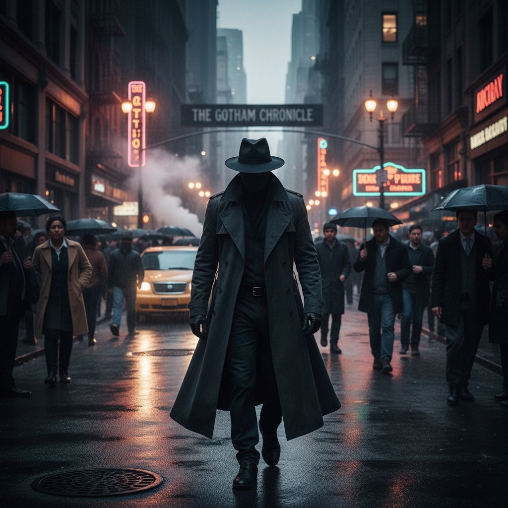 Cinematic still: mysterious figure blending into crowded street at dusk, movie secret identity movies aesthetic
